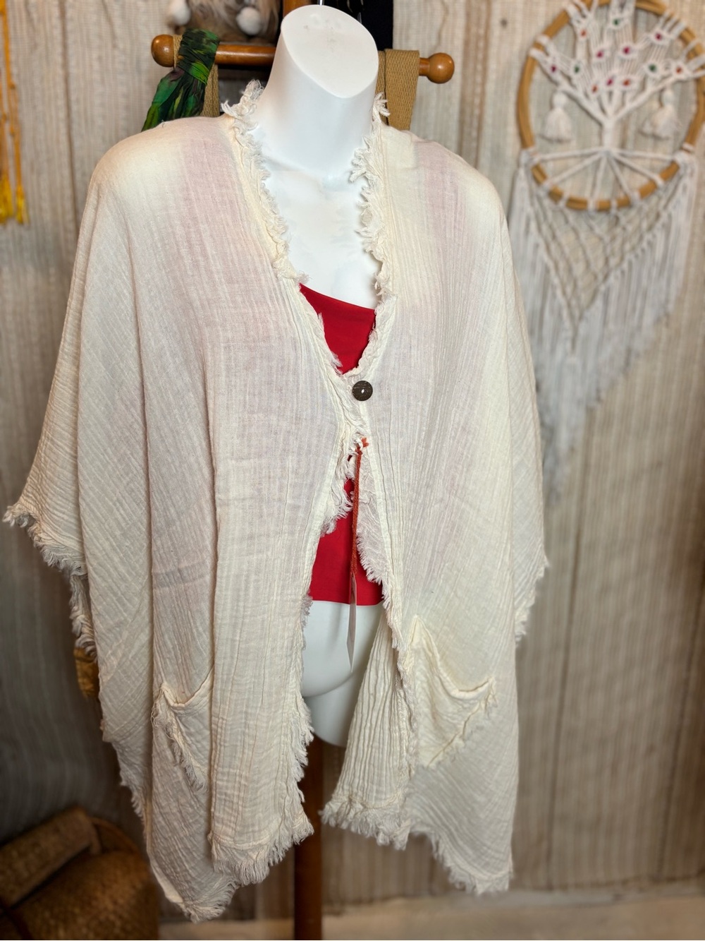 Cream Fringe Cotton Wrap - Lightweight Home Accent